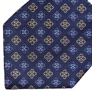 Barbara Blank New York Navy Blue Silk Geometric Medallion Handmade Mens Necktie
